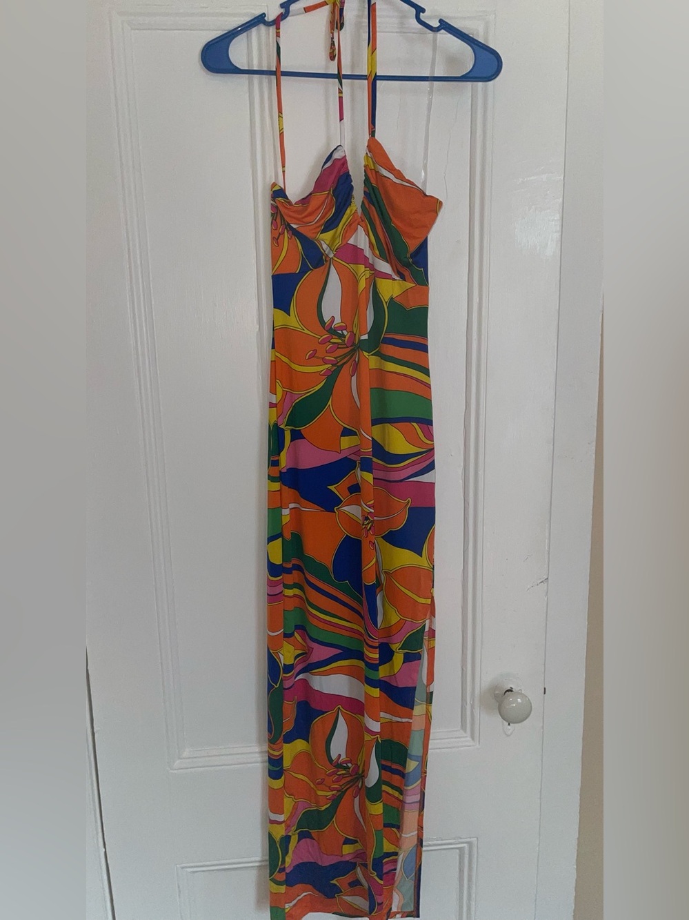 70s Vibe Bold Floral Halter Maxi Dress - Bright Multicolor Slit Dress